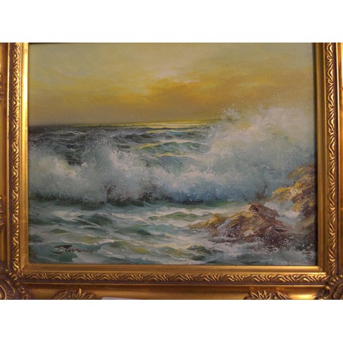 547 - Oil on canvas signed Stevens of a coastal scene in a gilt frame. 34cm x 29cm inclusive of frame.