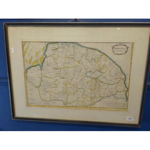 549 - Framed map of Norfolk by Rob Morden. 76cm x 56cm inclusive of frame.