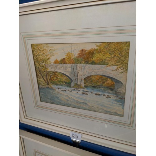 550 - Two watercolours of bridge & river scenes. 47cm x 39cm inclusive of frames.