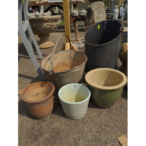 63 - coal scuttle, galvanised bucket and 3 x planters 