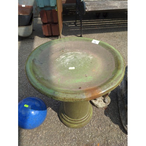 75 - Green Glazed terracotta 2 piece birdbath D41cm x H48cm 