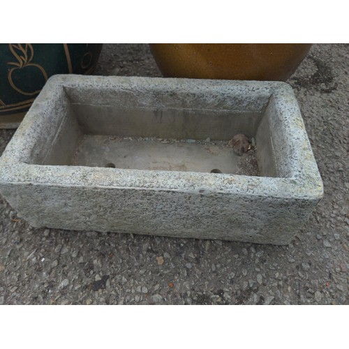 160 - Small concrete trough with two larger glazed plant pots largest pot D47cm