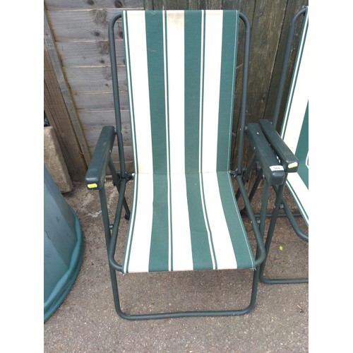 164 - 2 x fold up garden deck chairs green and white stripe