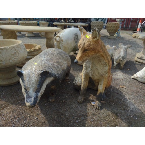 16 - Plastic/fibre glass fox and badger garden ornaments, Badger L90cm x H47cm. 