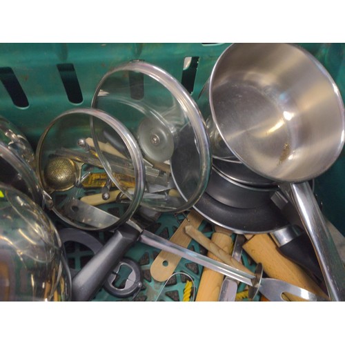 286 - Two trays of mixed kitchen ware inc, pans, jars, flask and others.