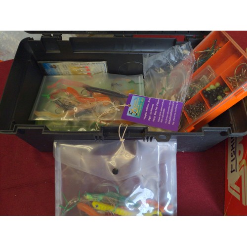 290B - Fishing tackle box  with lures and other items + cardboard box with other fishing items