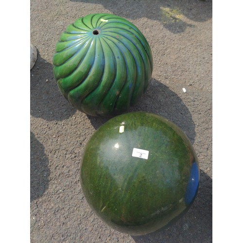 2 - 2 x green glazed garden ornamental spheres H35cm  