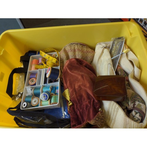 326 - Yellow box with wool and cotton reels + knitting needles 