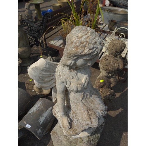 32 - Granite post with attached concrete fairy H107cm x 28cm x 28cm. 