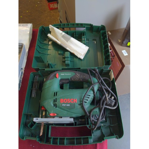 354 - Selection of tools Inc. Bosch PST 650 jigsaw, performance power hot air gun, battery chargers Etc..