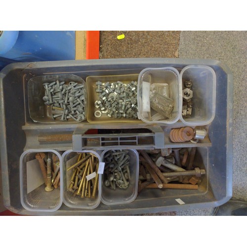 364 - 2 blue tubs & 1 crate of various hand tools, fixings, sockets etc