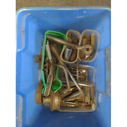 364 - 2 blue tubs & 1 crate of various hand tools, fixings, sockets etc