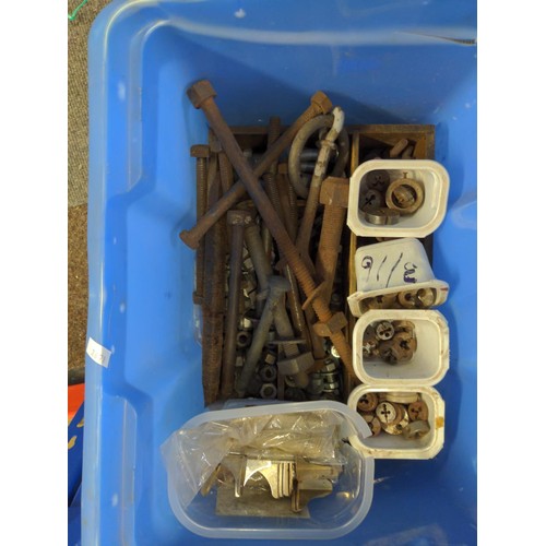 364 - 2 blue tubs & 1 crate of various hand tools, fixings, sockets etc