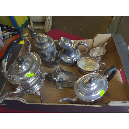 375 - Tray of silverplated items inc. teapot, water jug + others