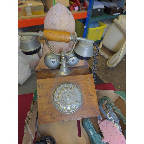 376 - Mixed box inc vintage wall telephone, flower press, cast iron cook book stand etc..