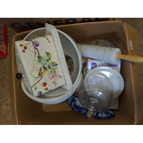 379A - 2 x boxes of  baking and cake decorating related items, tins, cutters, mixing bowls, rolling pin.