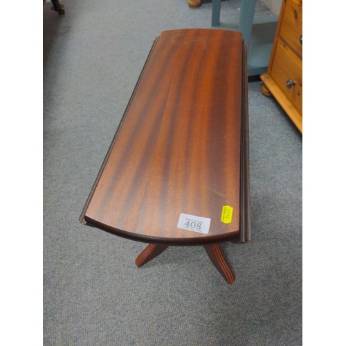 408 - Small occasional drop leaf table with mahogany veneer finish. W59 D58 H49cm do not re enter