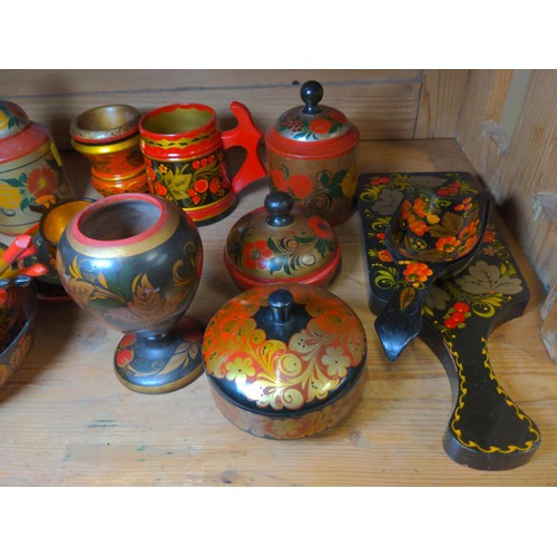 435 - Collection of vintage USSR Khokhloma hand painted kitchenware. Cups, bowls, plates etc.