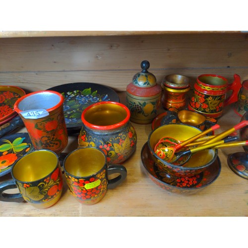 435 - Collection of vintage USSR Khokhloma hand painted kitchenware. Cups, bowls, plates etc.