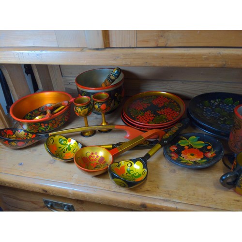 435 - Collection of vintage USSR Khokhloma hand painted kitchenware. Cups, bowls, plates etc.