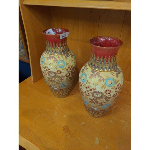 469 - Pair of Doulton & Slaters pottery vases with floral decoration, height 31cm, stamped marks to ba... 