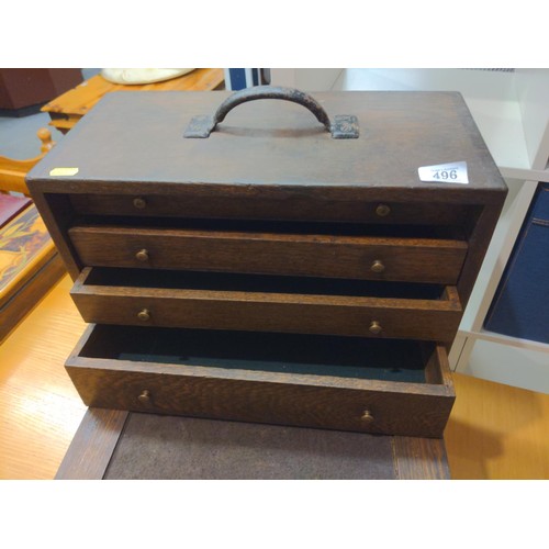 496 - Oak engineers toolbox with key. W42cm D21cm H28cm