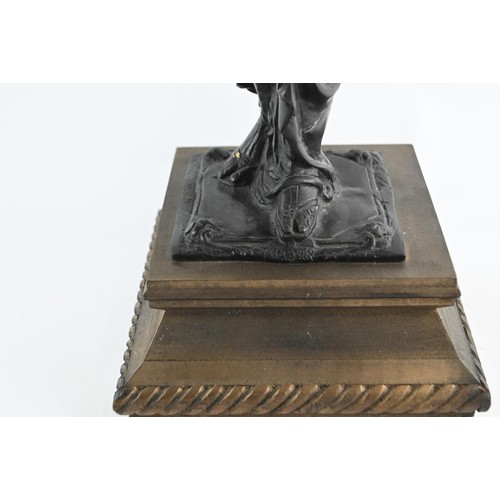 603 - Late C19th bronze classical figural candelabra on wooden plinth, overall height 71cm