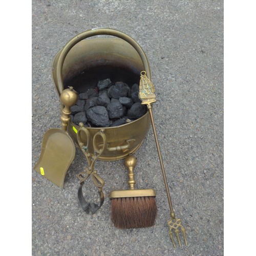 181 - Brass coal scuttle + part companion set and some coal content 