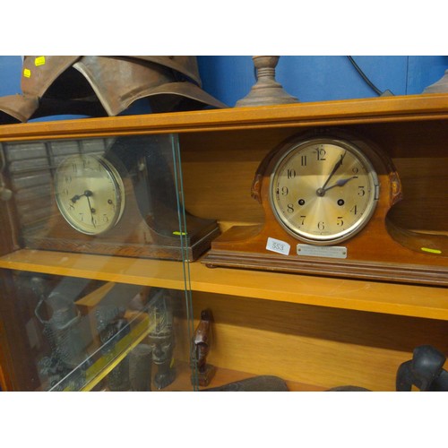 553 - Two oak admiral's hat mantle clocks: one with presentation plaque dated 1933 (missing glass & be... 