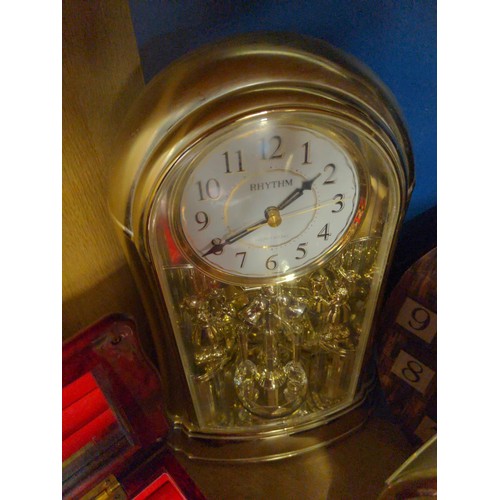 574 - Shelf of 5 assorted clocks & one musical music box.