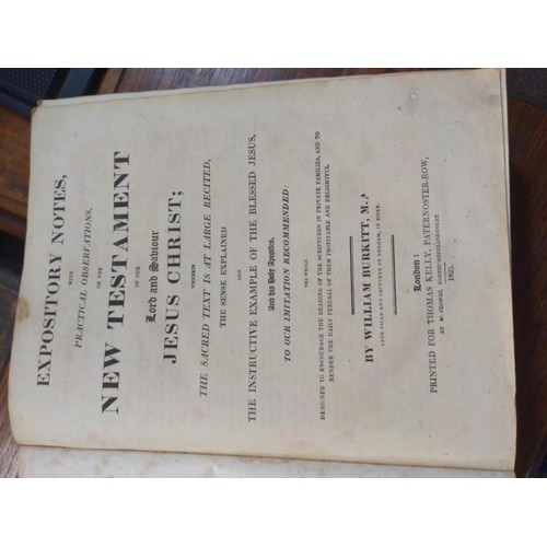 585 - Leather bound Burkett's New Testament. With an inscription dated 1865. Front and back cover detached... 