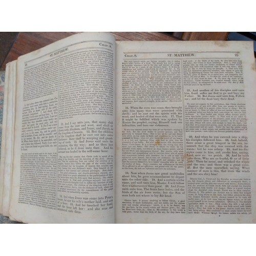 585 - Leather bound Burkett's New Testament. With an inscription dated 1865. Front and back cover detached... 