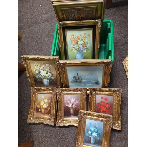 393 - 9 framed oil paintings in various styles.