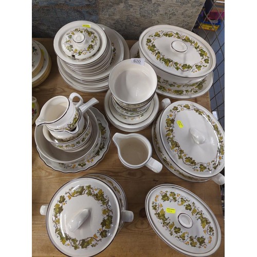 620 - Wedgwood Vine dinner ware with plates, serving dishes, tureans and jugs and bowls.