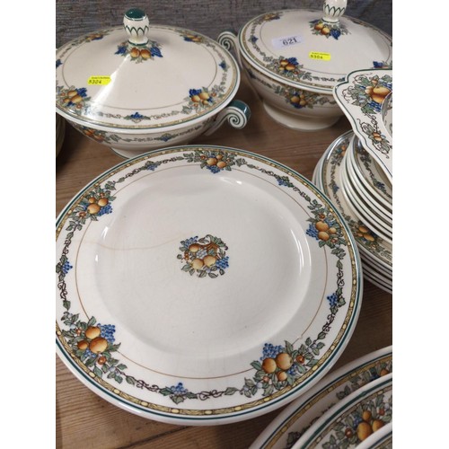 621 - Royal Worcester Crown ware, meat plates, dinner plates, breakfast and side plates, gravy boat, turea... 