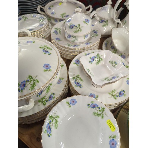 625 - Richmond bone china, Blue Poppy pattern, dinner plates, side plates, coffee and tea pots, serving di... 