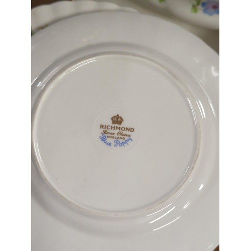 625 - Richmond bone china, Blue Poppy pattern, dinner plates, side plates, coffee and tea pots, serving di... 