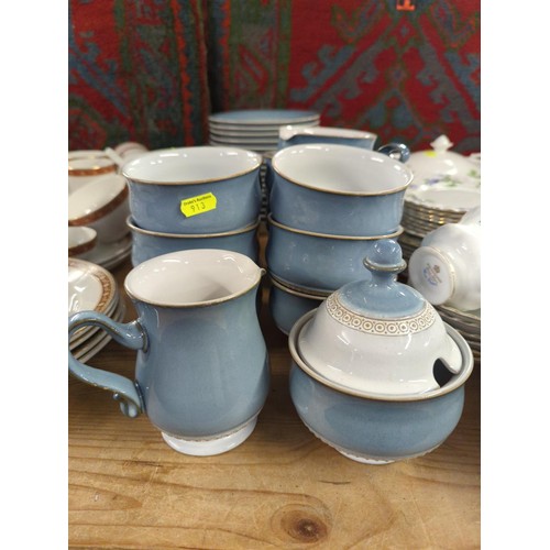 626 - Collection of Denby ware, pastel blue with contrasting decoration. Dinner plates, breakfast plates, ... 