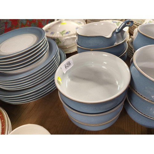 626 - Collection of Denby ware, pastel blue with contrasting decoration. Dinner plates, breakfast plates, ... 