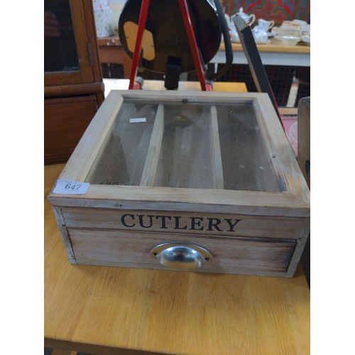 647 - Wooden cutlery container with glass top with six compartments. 