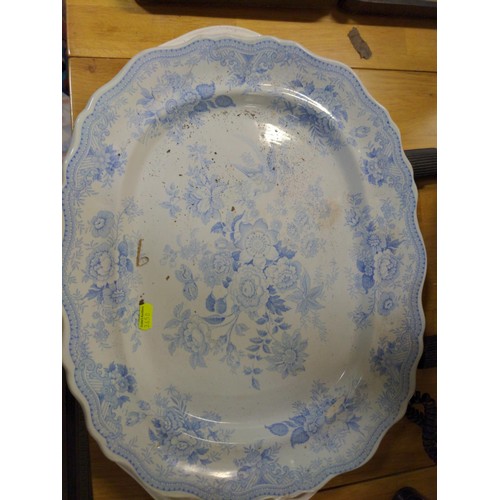 652 - Two large meat plates, A Santos Porugal , and blue and white (CE & M) Plus white crock.