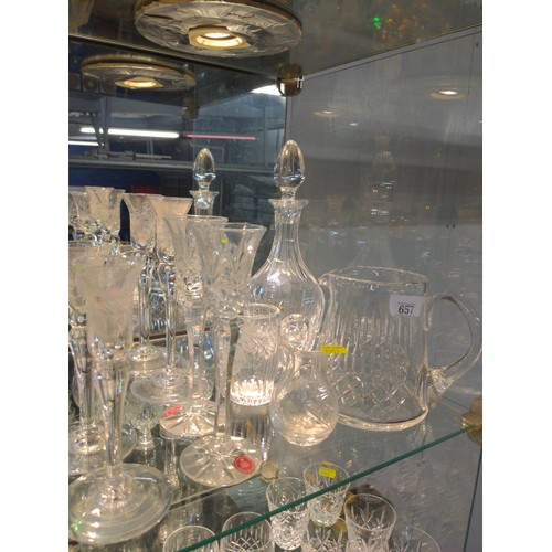 657 - Two shelves of mixed crystal inc, Royal Albert, Edinburgh , wine glasses, candle hilders etc.. 