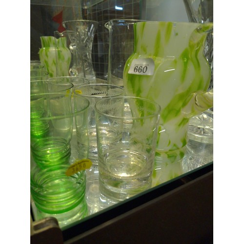 660 - Shelf of mixed glass ware inc, coloured jug, crystal vase and some glasses.