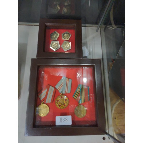 838 - Framed soviet medal trio and framed set of four space badges