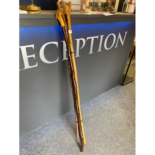 842 - Four long handled walking sticks home made from various wood Inc, blackthorn. Tallest 131 cm