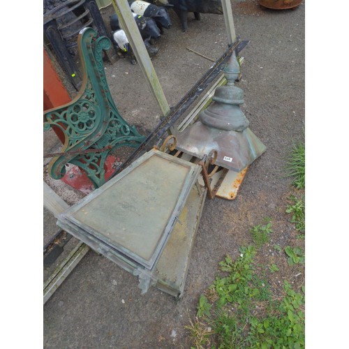 10 - Copper street lamp head with 2 glazed panels missing approx H130cm W31cm 