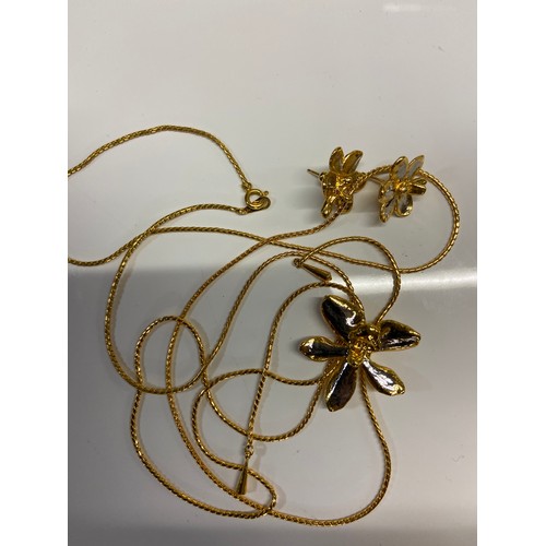 608 - RISIS 'Originals in Gold' 22ct gold & palladium dipped real orchid necklace and earrings. With b... 