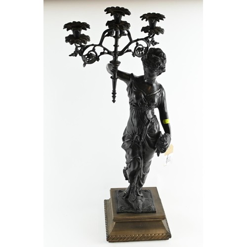 495 - Late C19th bronze classical figural candelabra on wooden plinth, overall height 71cm