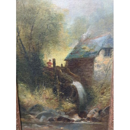 419 - William Widgery (1826-1893) Oil on canvas. Fisherman by a river/cottage. 41cm x 56cm inclusive of fr... 