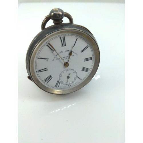 554 - Swiss 935 silver cased open faced pocket watch, the dial signed 'W.E. Watts Nottingham, The Gre... 